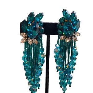 Earrings - vintage clip new 4”in length Teal & Crystal